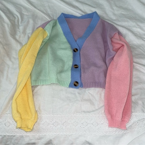 Color block LARGE button up cardigan Cropped pastel color - Picture 1 of 4